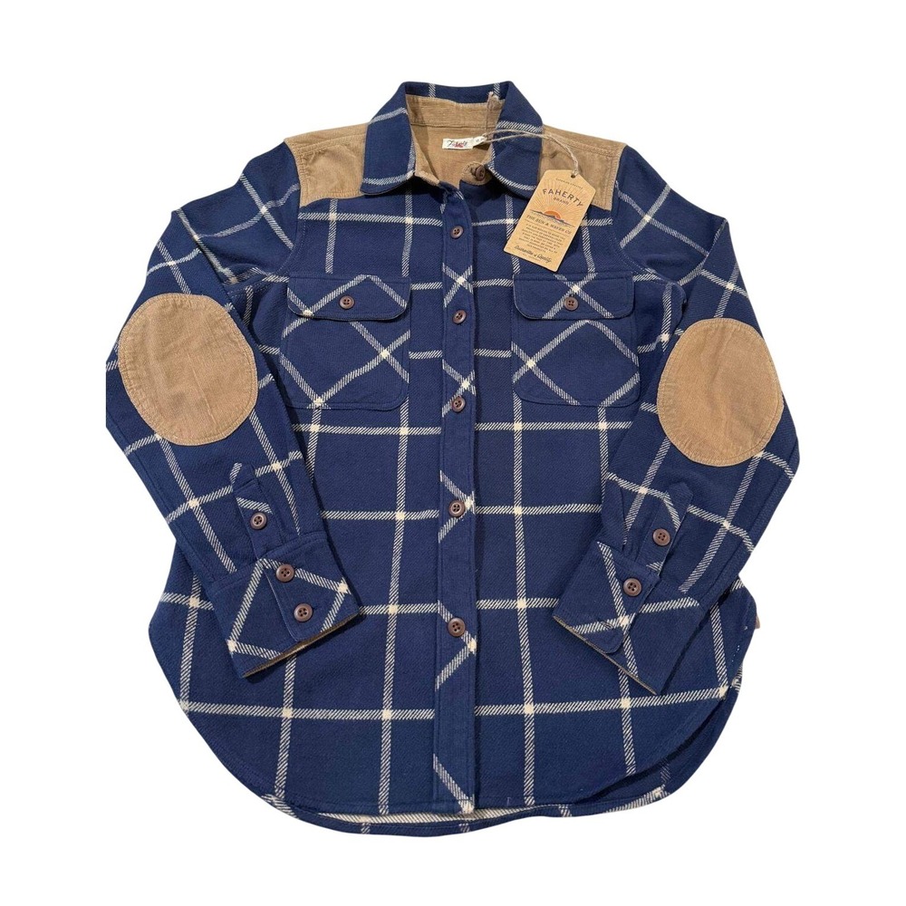 NWT Faherty Daly Flannel Shirt XS Navy Olivia Plaid Corduroy Elbow Patch Shacket